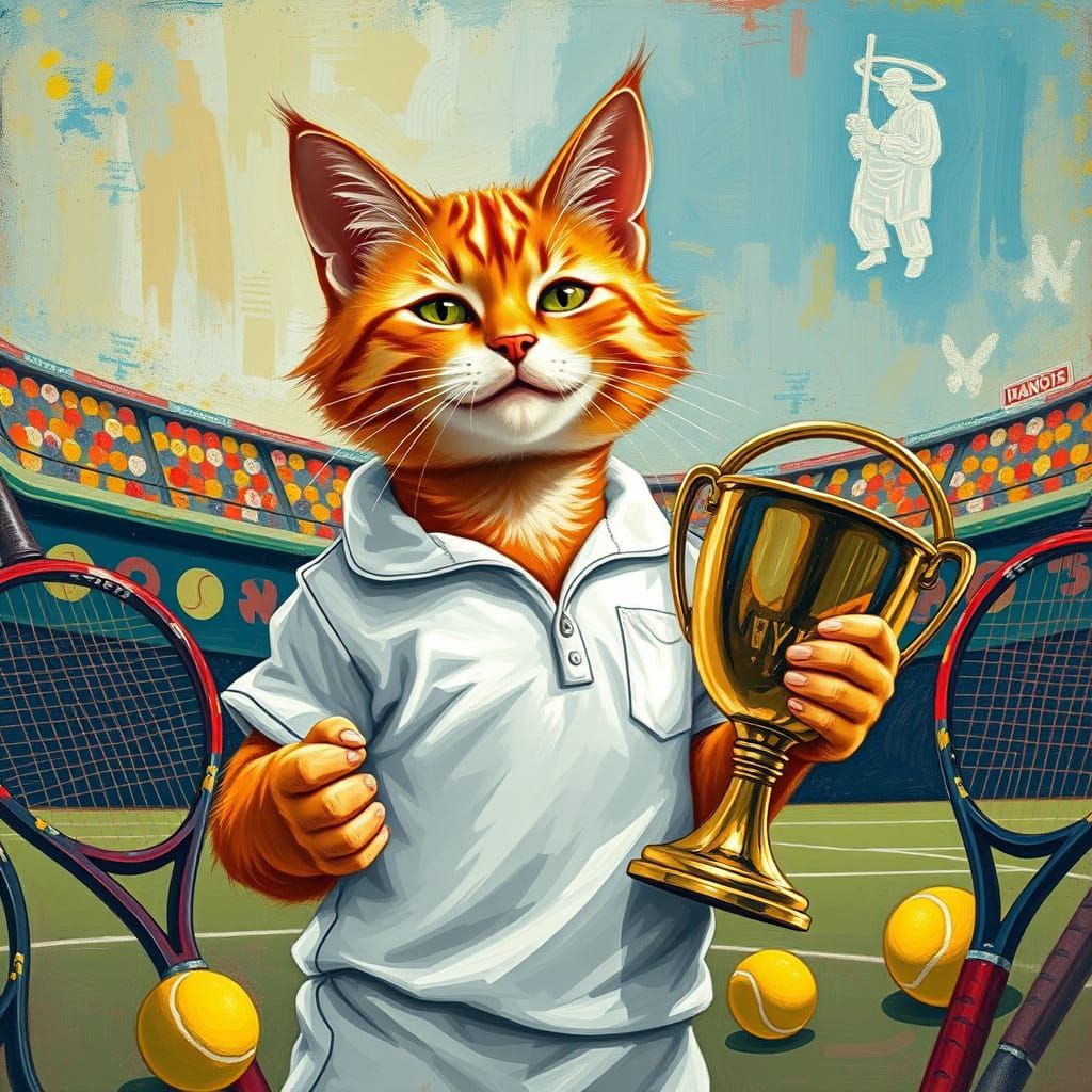 Victorious Orange Cat Tennis Champion: Post-Impressionist St...