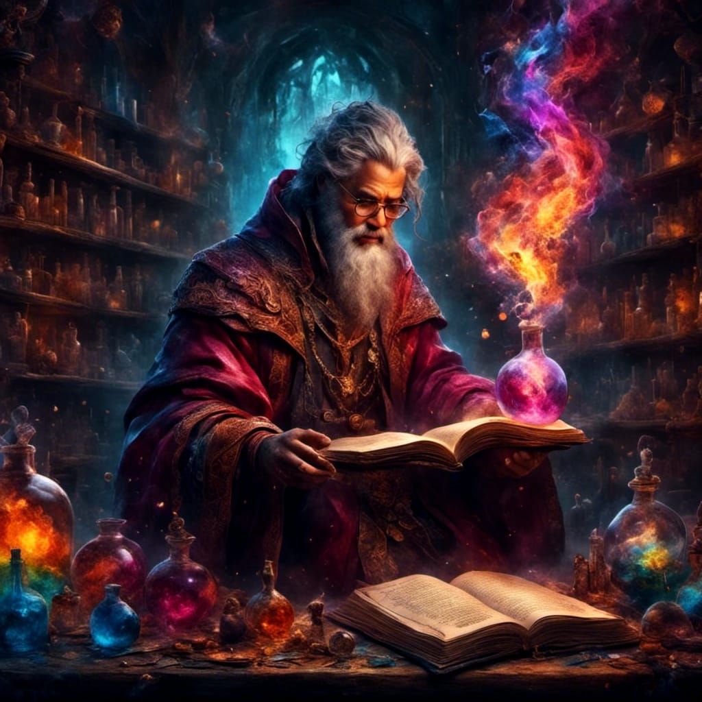 Alchemist Casting Spell in Fantasy Laboratory