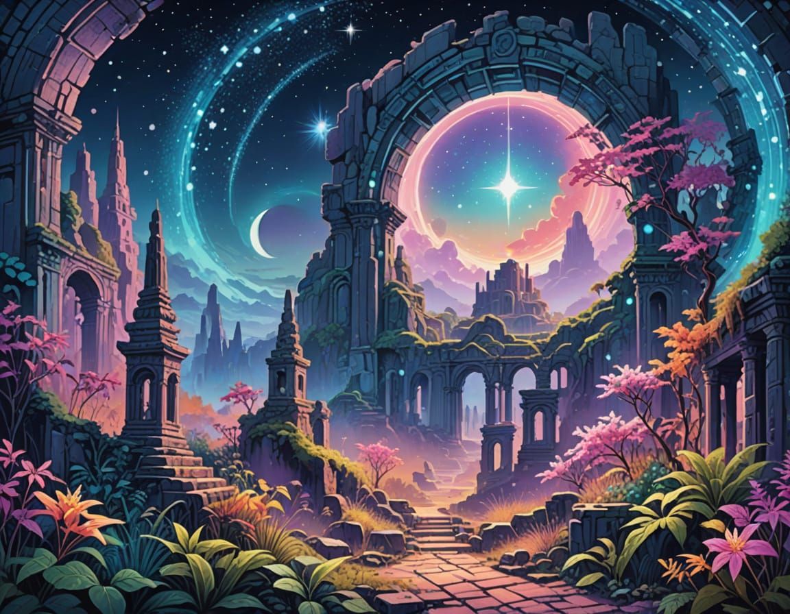 Surreal Fantasy Sky at Night with Vibrant Stars and Ancient ...