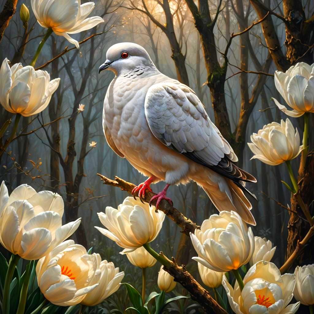 Bioluminescent Dove with White Tulips: Oil Painting