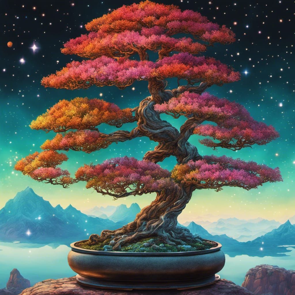 Cosmic Bonsai Tree on Cliff in Pointillism Style