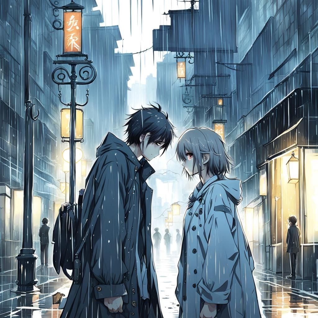 Anime Sad Girl Reaching for Boy in Rain