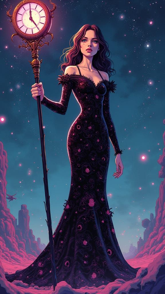 Surreal Cosmic Anime Villainess Jane Fonda in a Black Hole G...