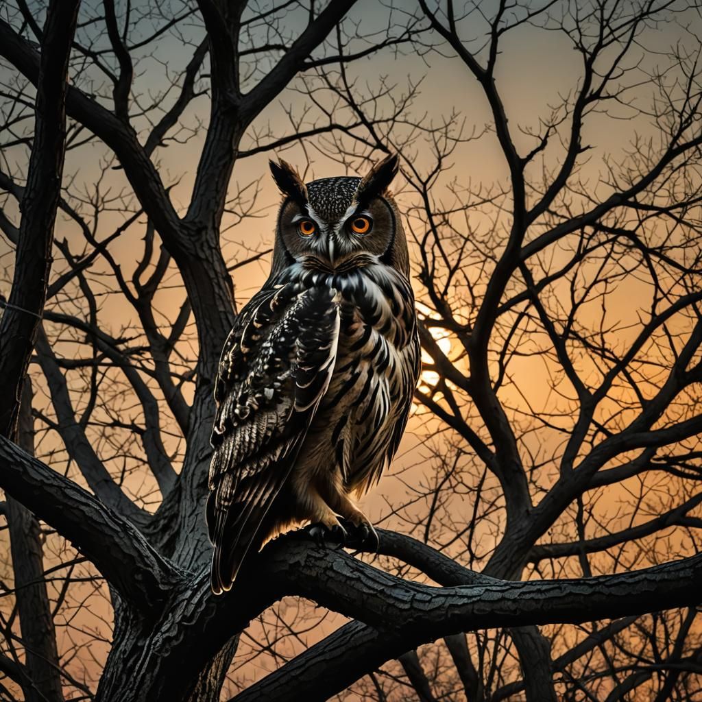 Creepy Sunset Owl in Surreal Tree
