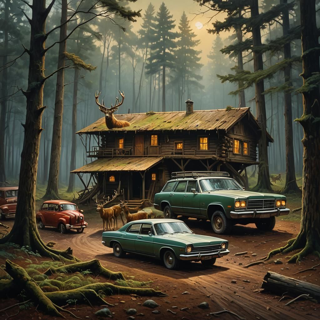 Vintage Car Lost in Woods: Oil Painting