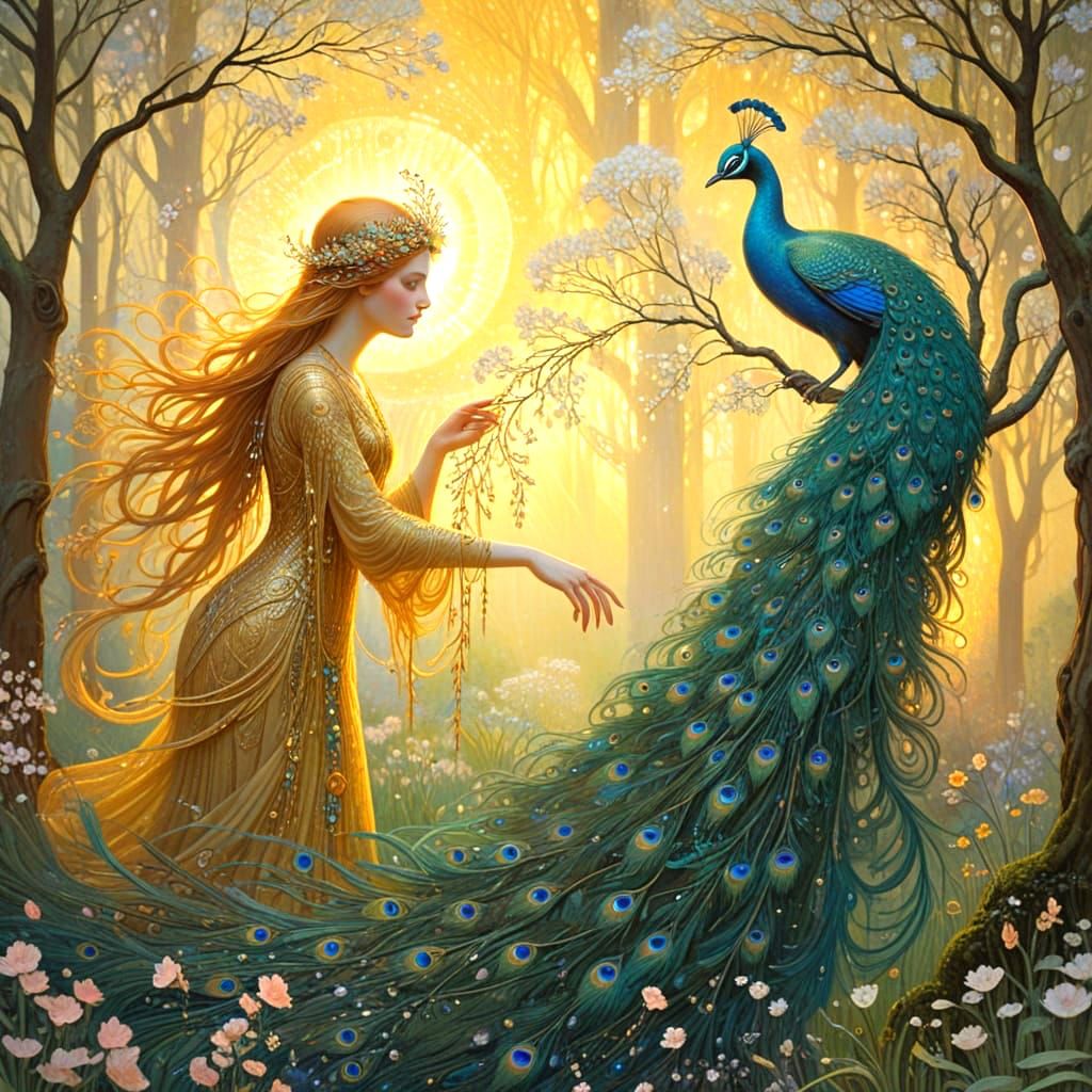 Art Nouveau Goddess of Spring with Peacock
