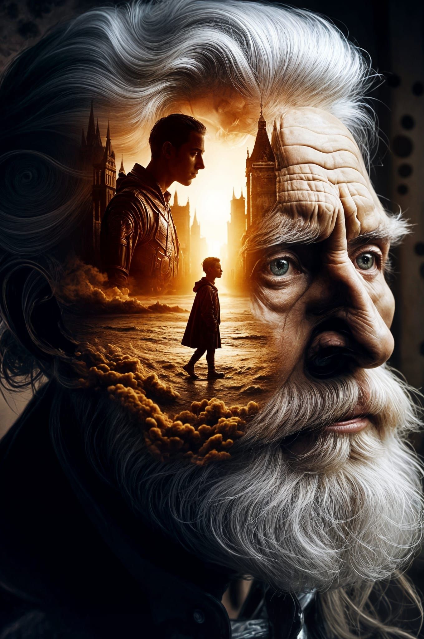 Elderly Artisan's Golden Memory Double Exposure