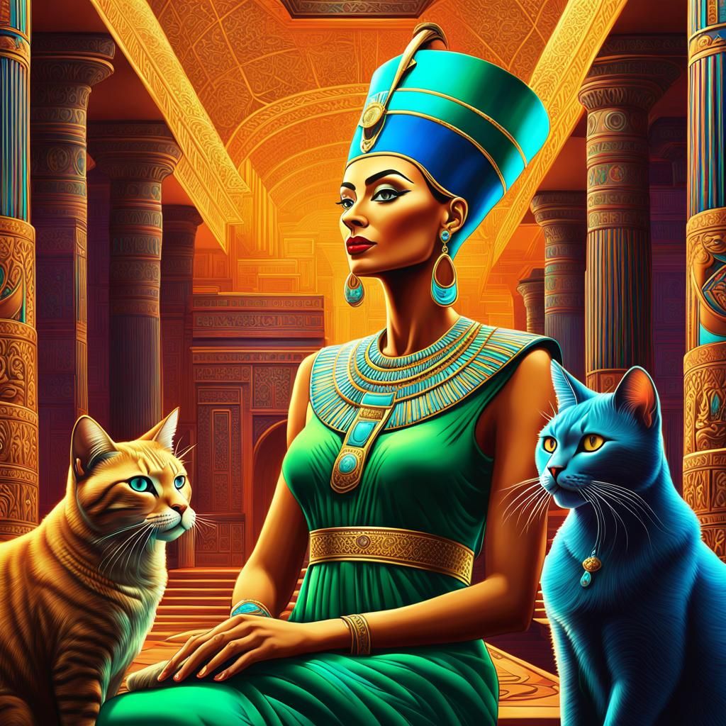 Egyptian Queen Nefertiti petting her beautiful cats in her palace 8k resolution holographic astral cosmic illustration...