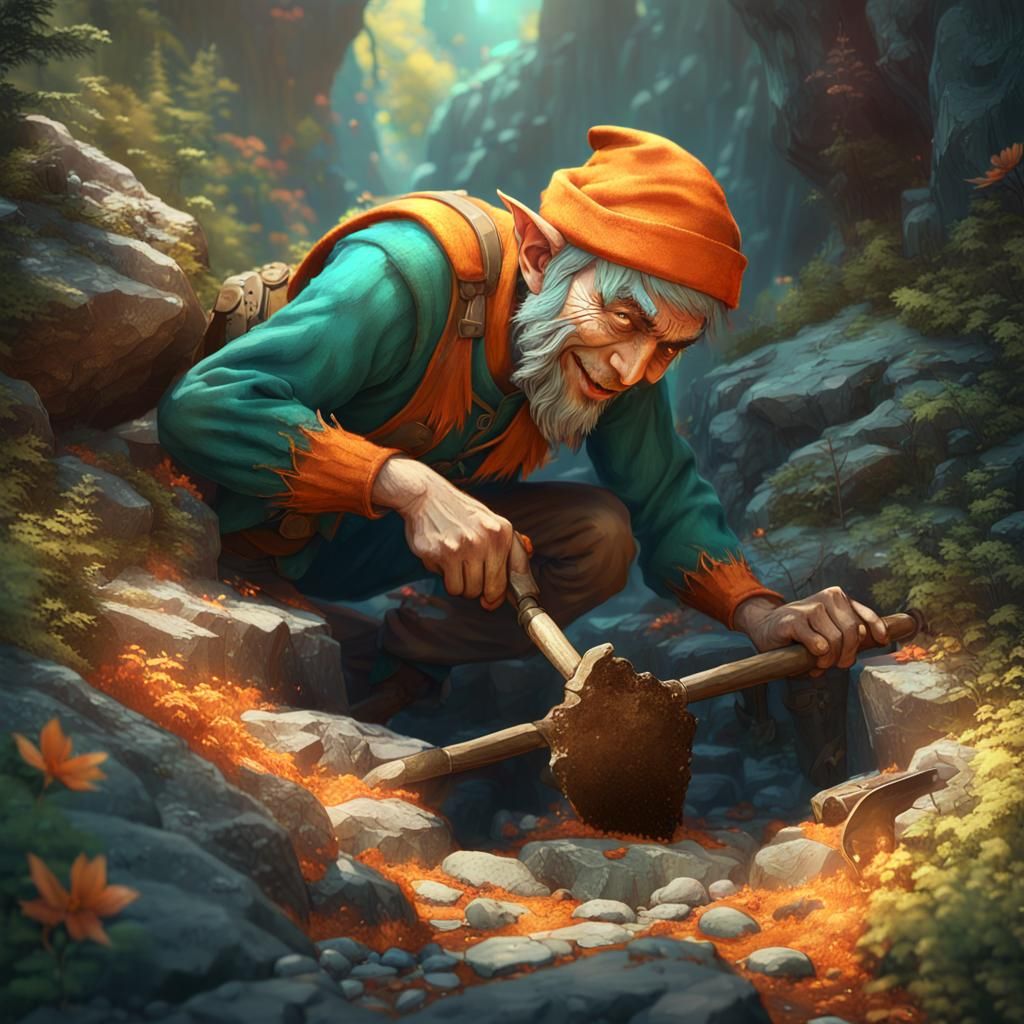 Happy Elf Digging Hole in Mountainside Art