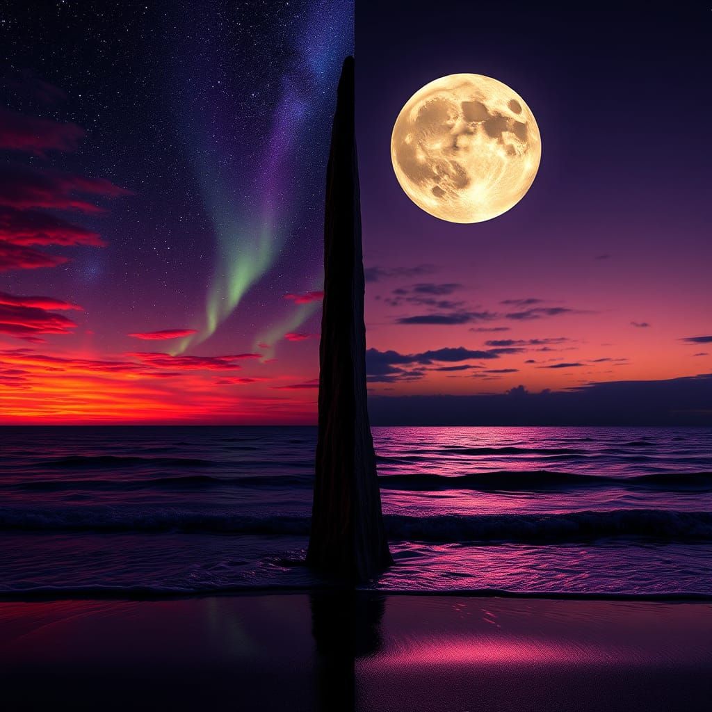 Sunset and Aurora Sky Split, Fantasy Art