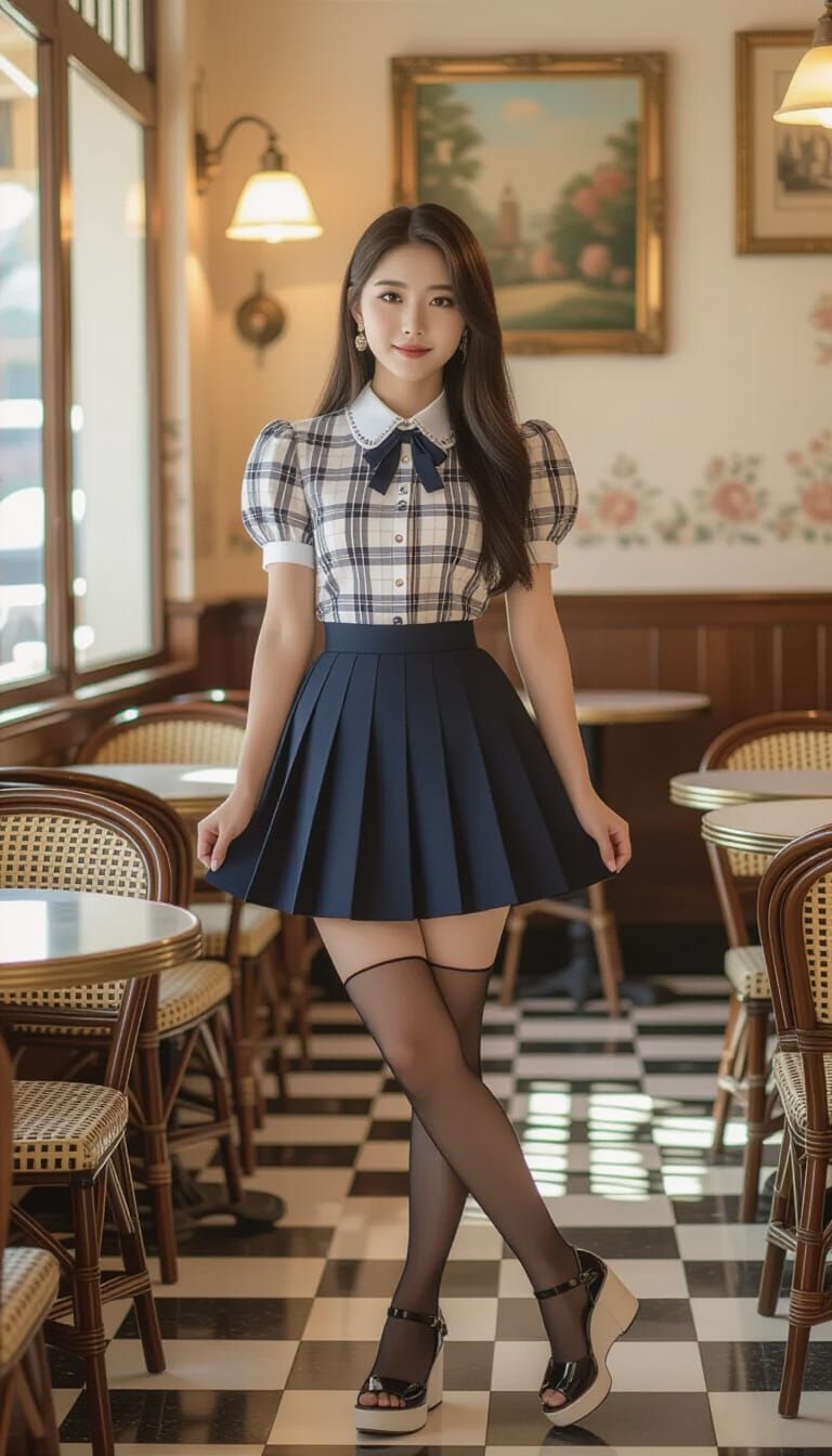 Young Woman Posing in French Cafe: Hyperrealistic Photo