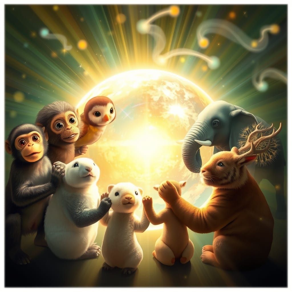 Surreal Gathering of Animals in a Circle of Peace and Light