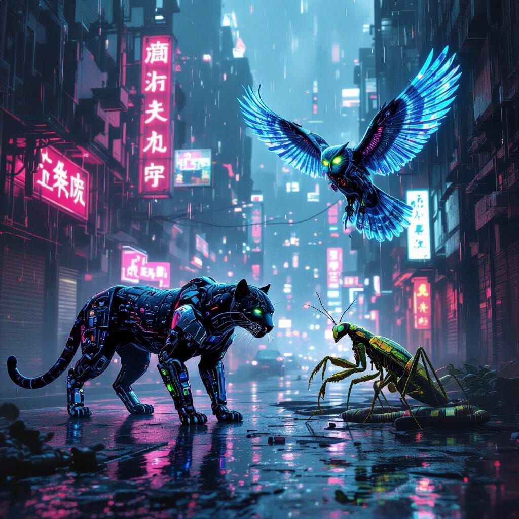 Cyberpunk Wildlife in Neon Urban Jungle
