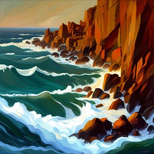 Dramatic Rocky Shoreline in Stained Glass Style