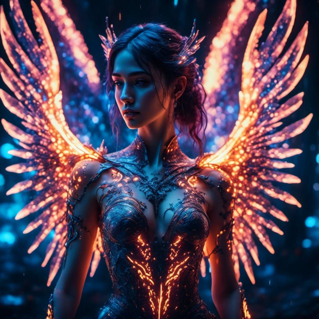 Fiery Winged Woman in Cyberpunk Neon Cityscape
