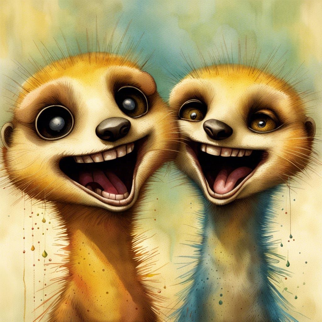 Meerkats Share a Laugh in Watercolor Style