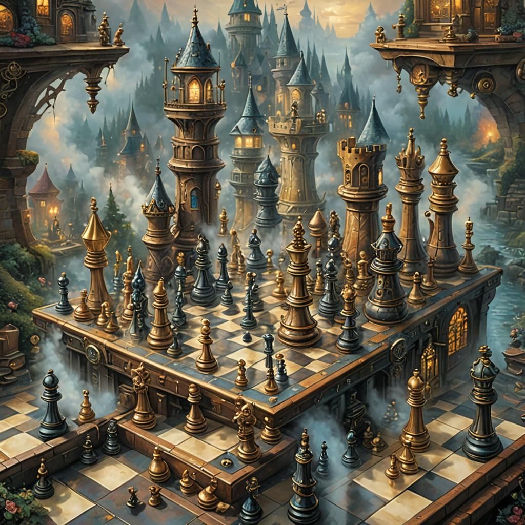 Steampunk Chess in Ethereal Fantasy Landscape
