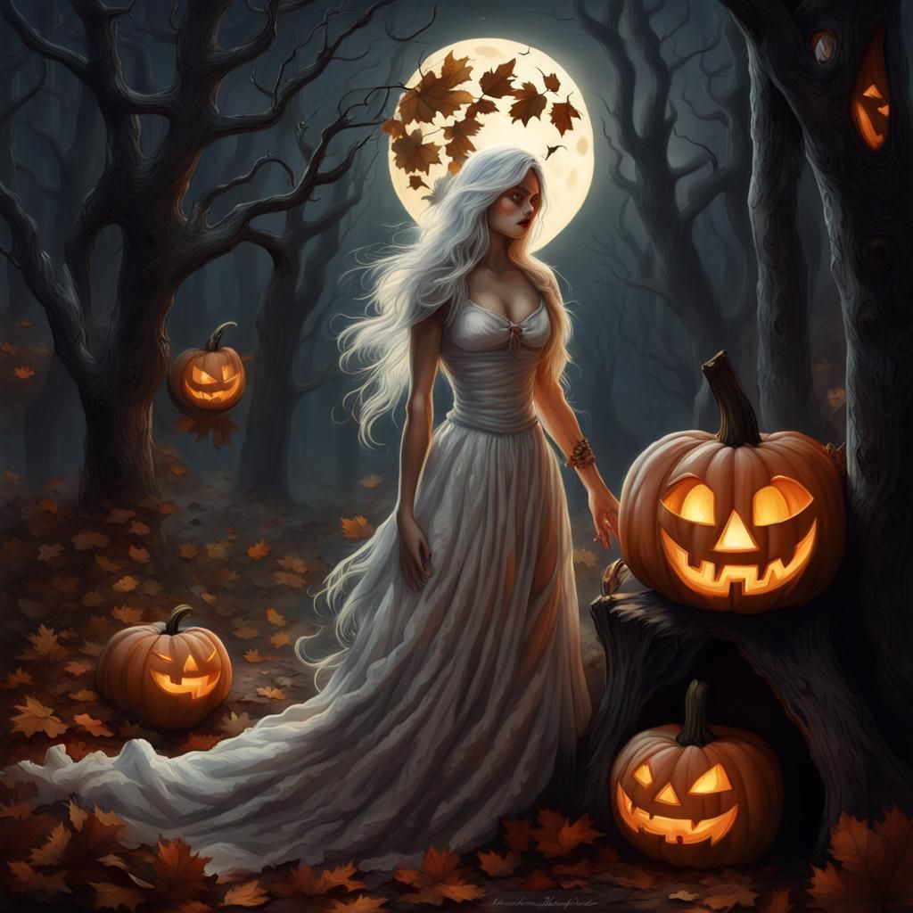 Halloween Spirit in Moonlit Forest, Digital Painting