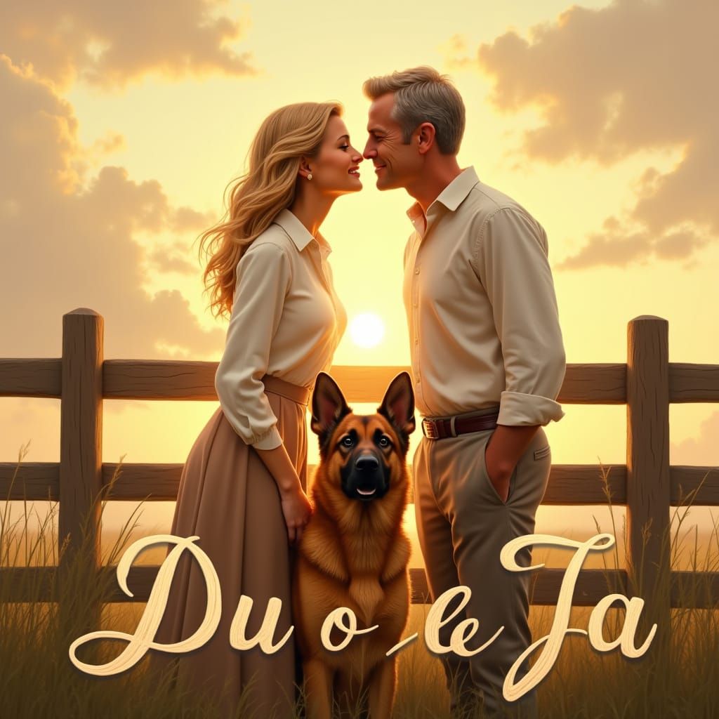 Romantic Sunset Scene with Couple and Dog