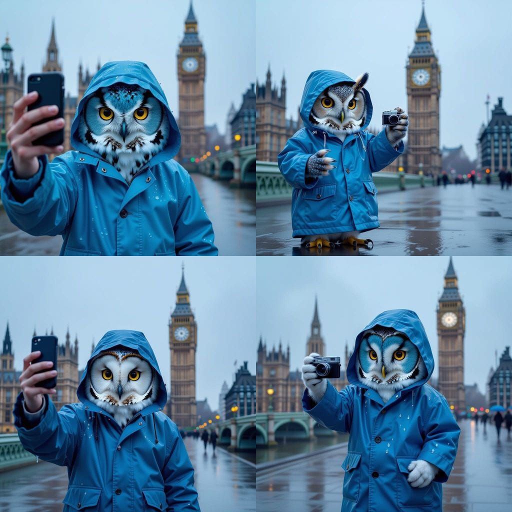 Blue Owl Selfie in London, Realistic Digital Art