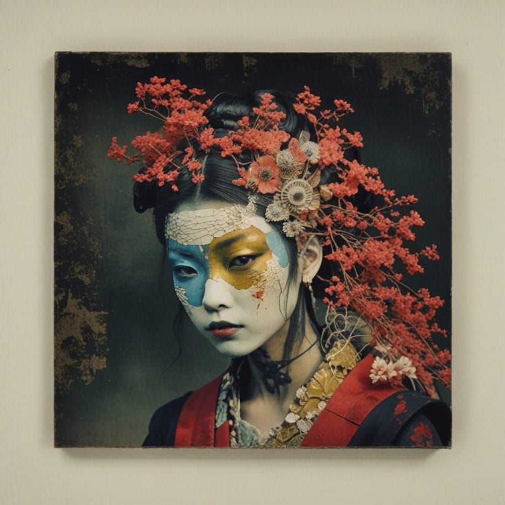 Afrofuturist Kabuki Robot Portrait in Mixed Media Collage