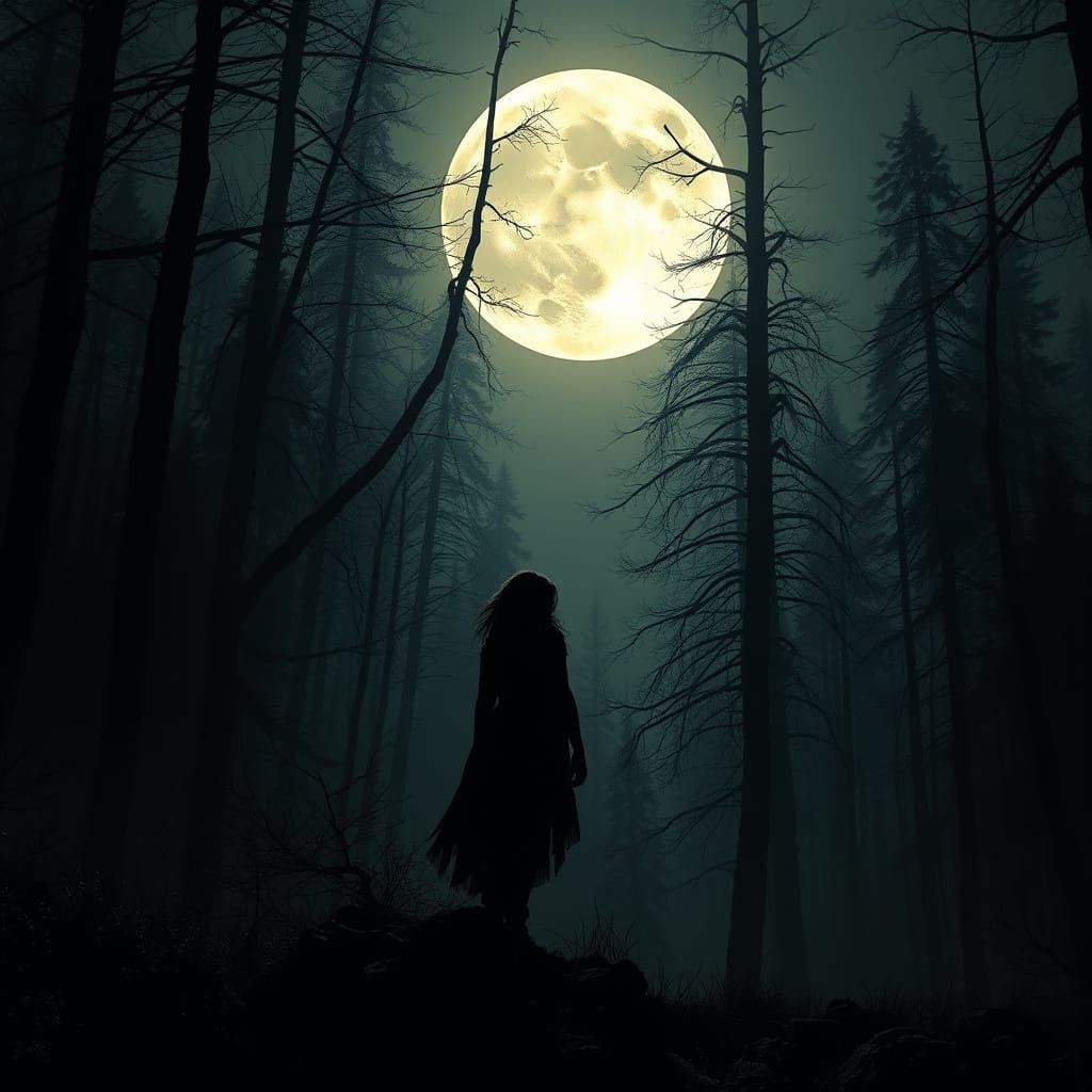 Mystical Forest: Woman Backlit by Moon in Digital Art Style