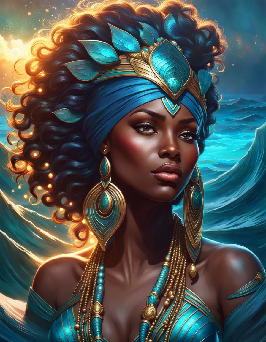Ocean Goddess Yemaya Portrait in Art Nouveau Style