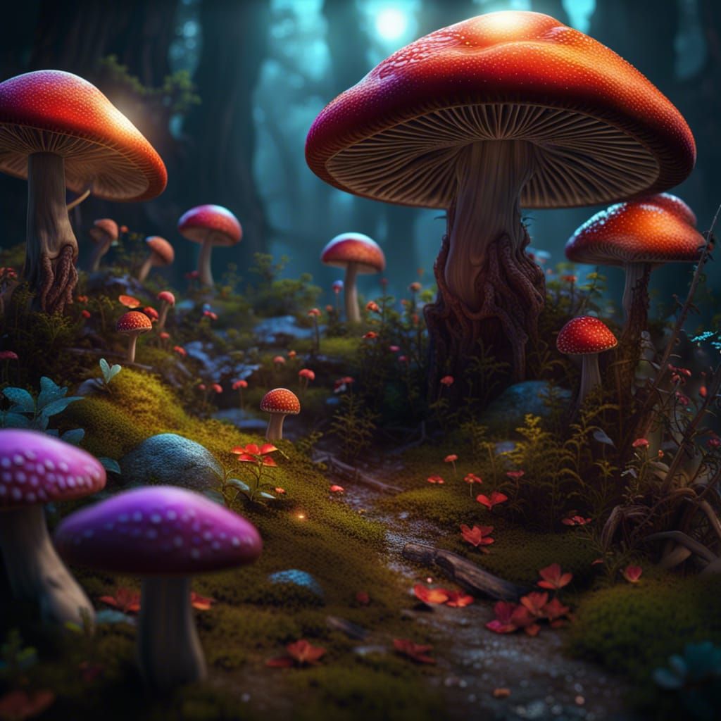 Joyful Glowing Mushroom Landscape in Hyperrealism