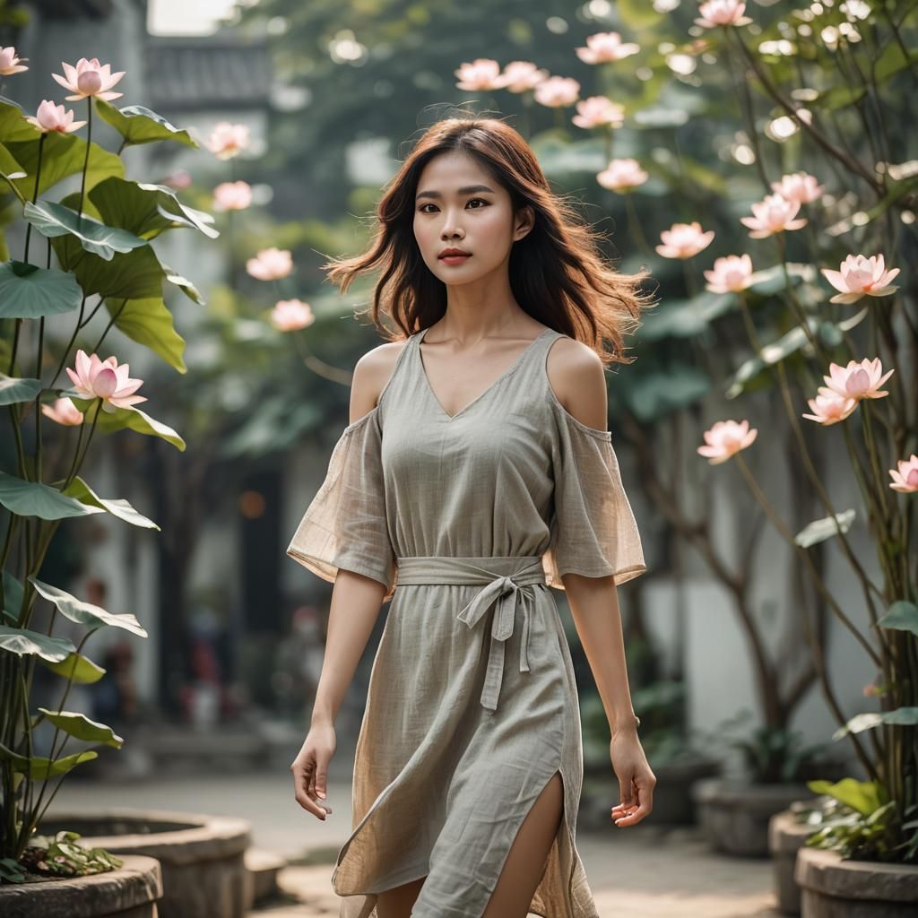 Vietnamese Woman in Linen Dress, Professional Photo