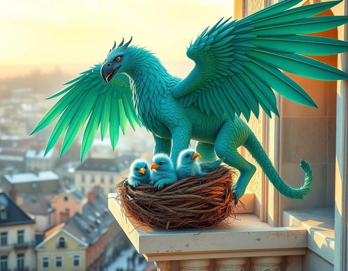 GRIFFIN'S FAMILY AT OUR BALCONY. Realistic imaginary creatures, Griffin, Gryphon, Griffon, a mystical creature with the ...