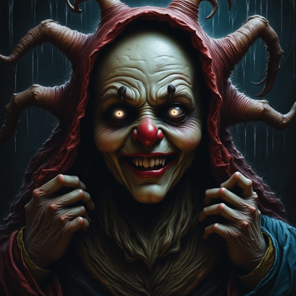 Creepy Vintage Clown Behind Tattered Tent Flap