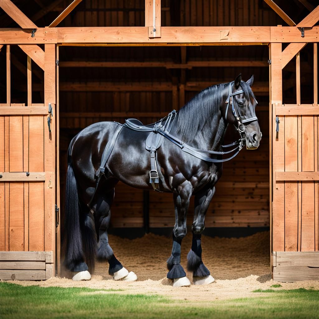 Black Percheron Horse in Wooden Stable