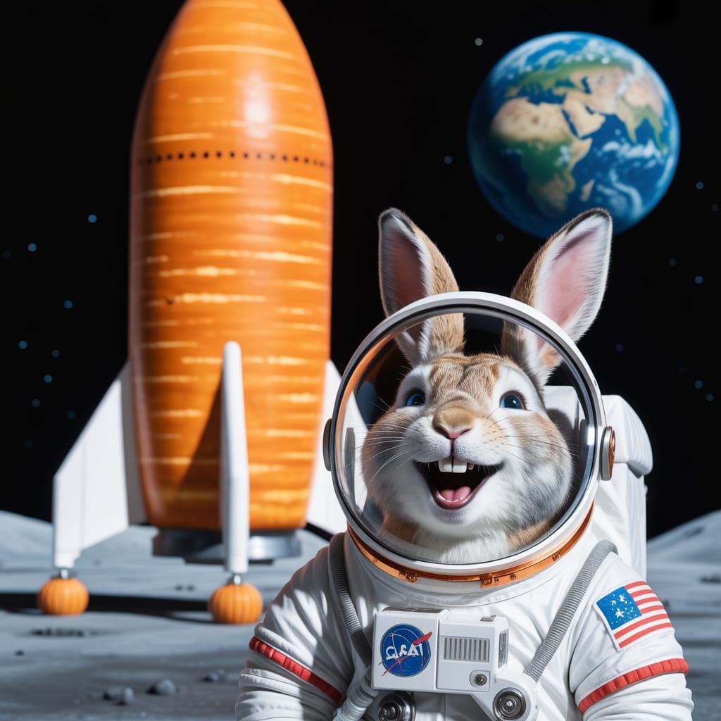 Astronaut Rabbit on the Moon with Carrot Rocket