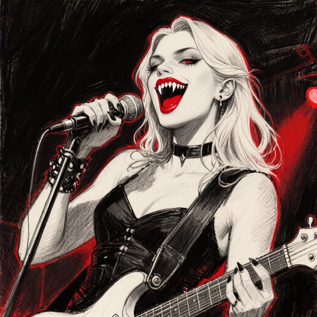 Blonde Vampire Rocks Out: Black and White Pencil Sketch