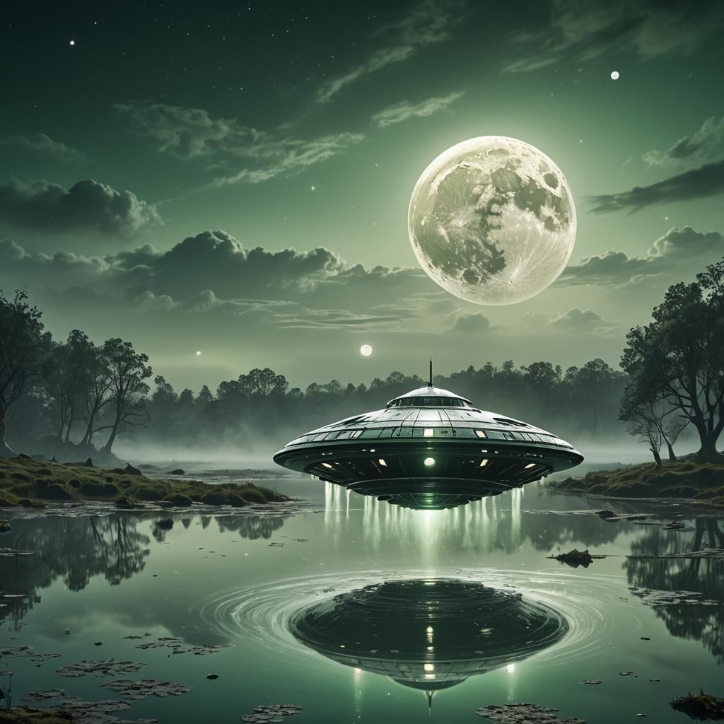 UFO Flying Saucer Over Misty Pond