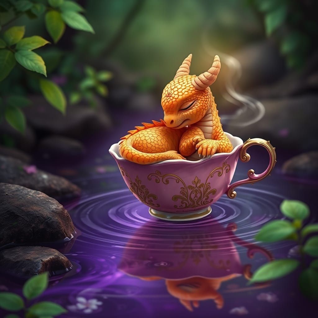 Orange Dragon in Teacup on Purple Stream