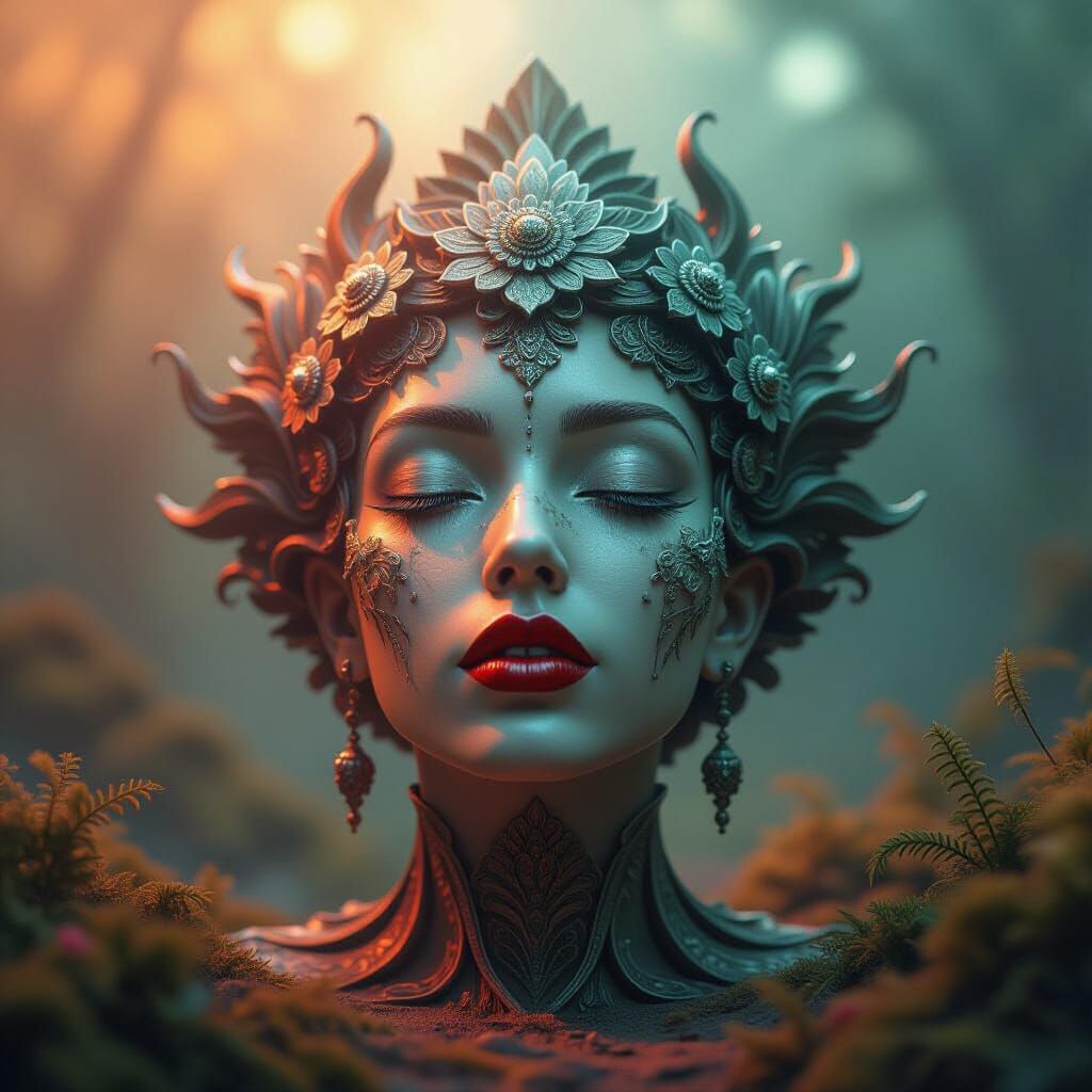 Surreal Figurine with Nature Adornments and Mouth Centerpiec...