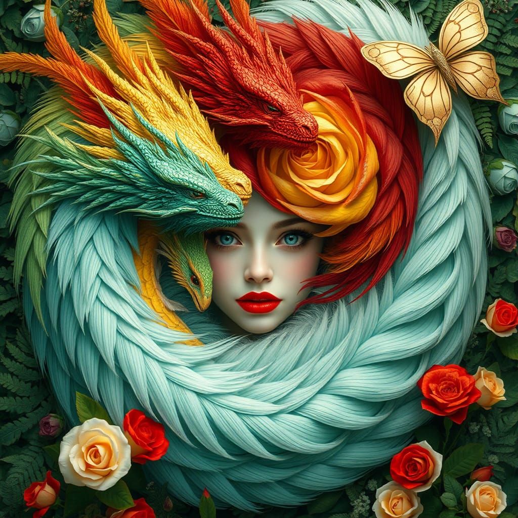 Dreamlike Woman in Dragon Feathers, Digital Art