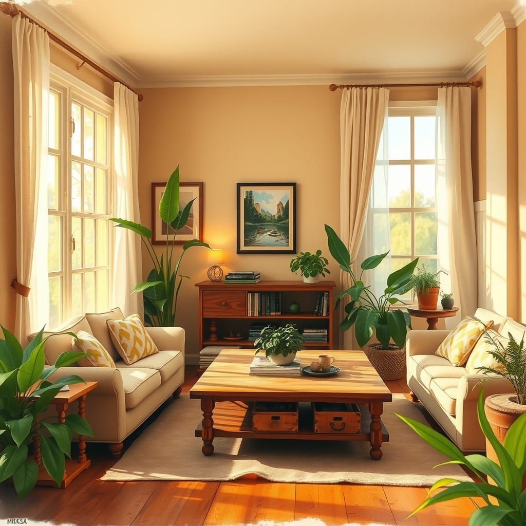 Cozy Watercolor Living Room with Whimsical Details