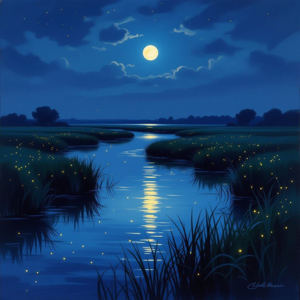 Serene Night River Landscape with Fireflies