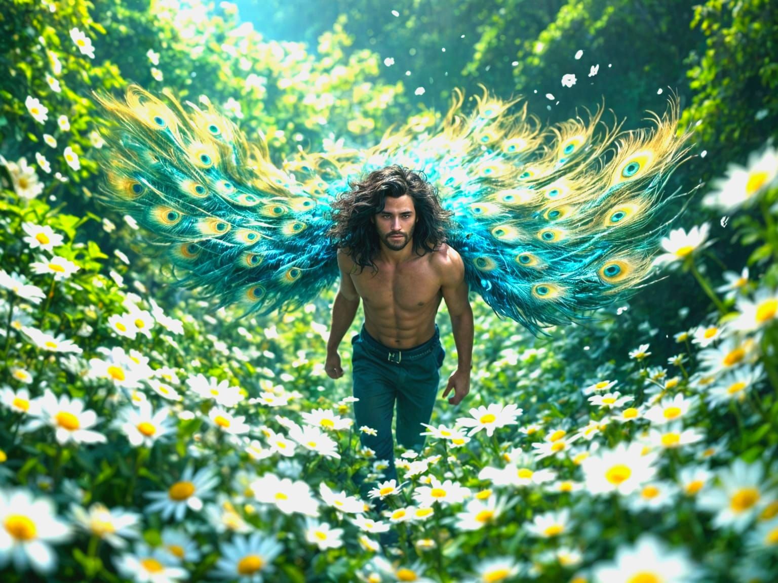 A Majestic Man Surrounded by Iridescent Peacock Feathers in...