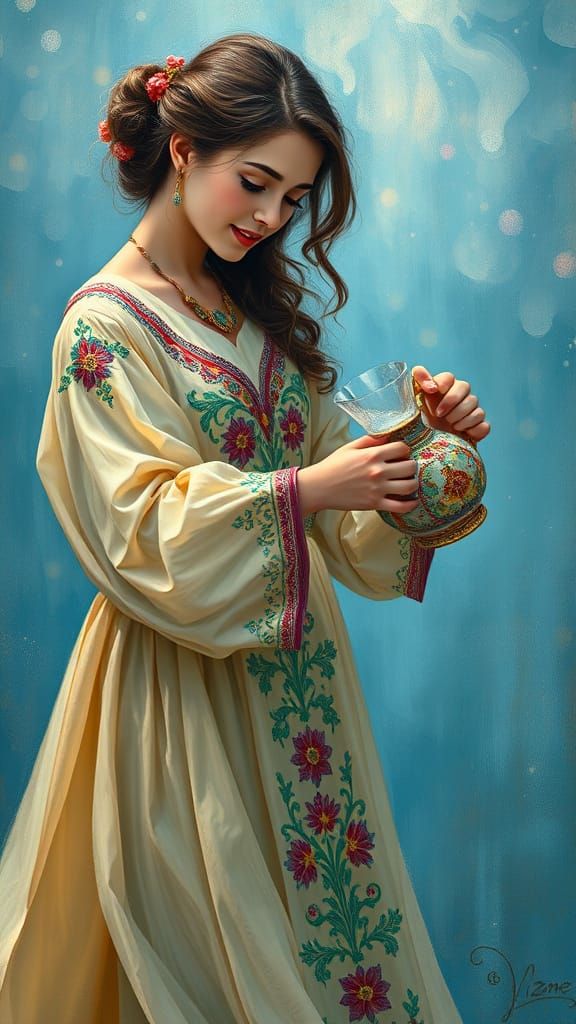 Young Woman Pours Water in Impressionist Style