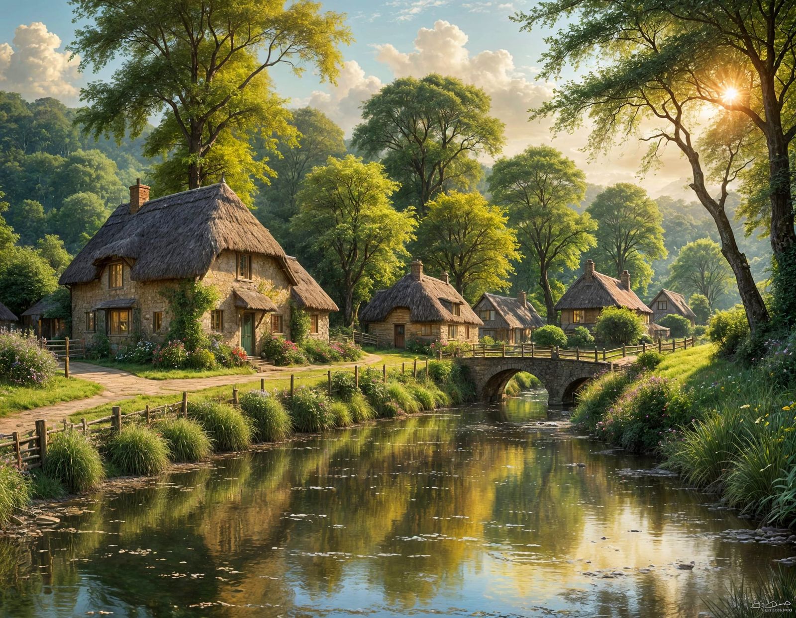 Serene Valley Village in Expressive Oil Painting Style
