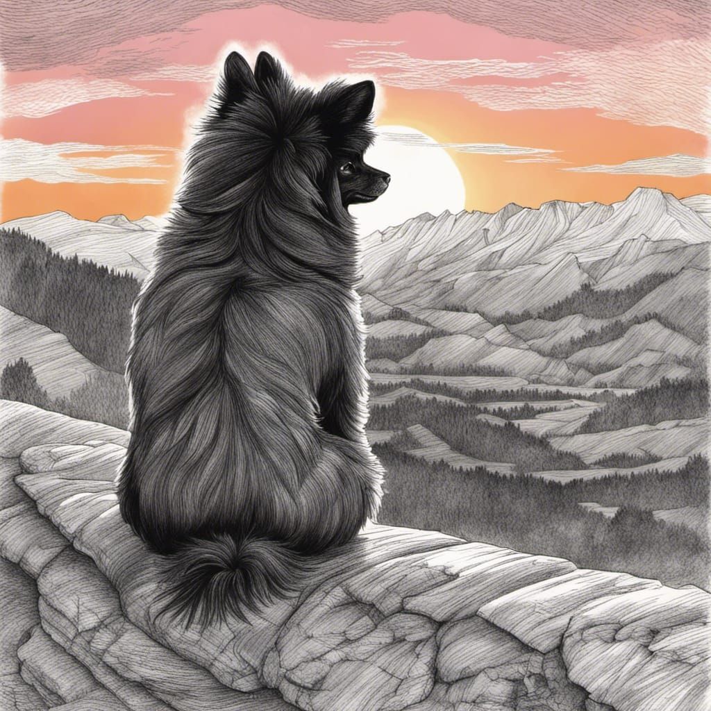 Pomeranian Dog Watches Mountain Sunset: Black Pen Drawing