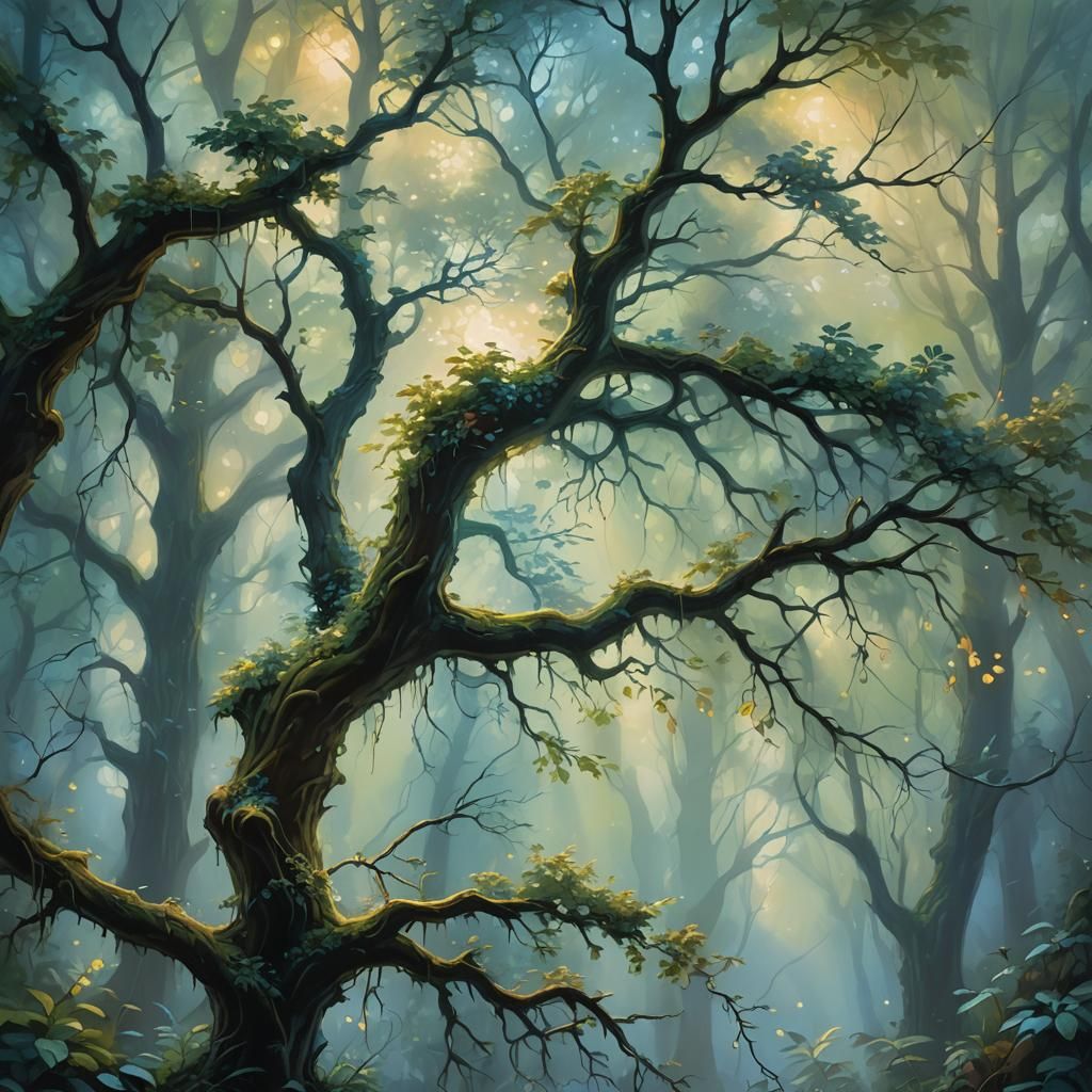 Enchanted Forest Branch with Fireflies in Ethereal Style