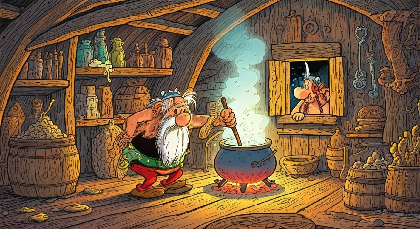 Panoramix Brews Magic Potion in Uderzo Style