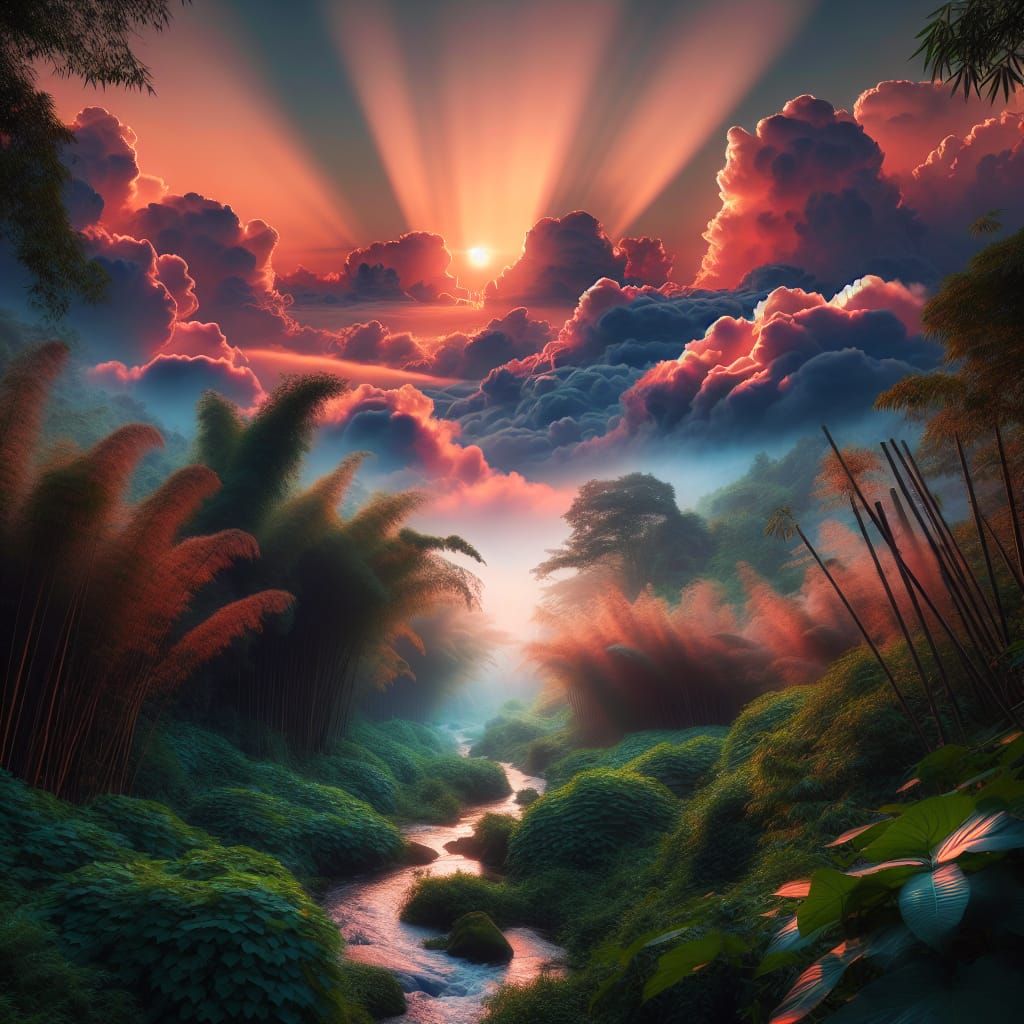 Sunset Over Bamboo Forest River