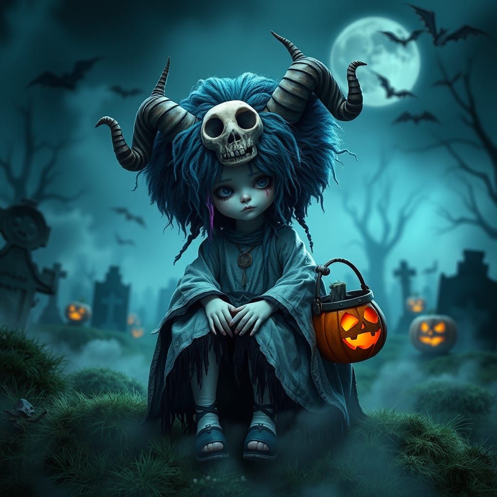 Halloween Character with Twisted Horns and Foggy Graveyard