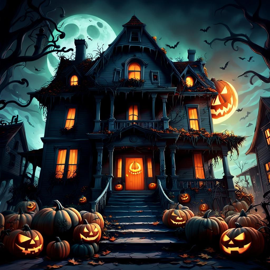 Spooky House with Jack-O-Lantern in Pixar Style