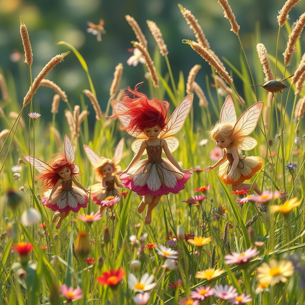 Delicate Pixies Dance in a Vibrant Meadow